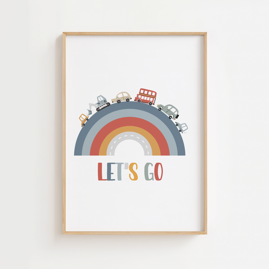"Let's Go" Transport Rainbow Print
