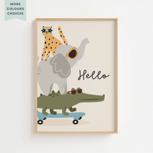 "Hello" Animal Skateboard Print