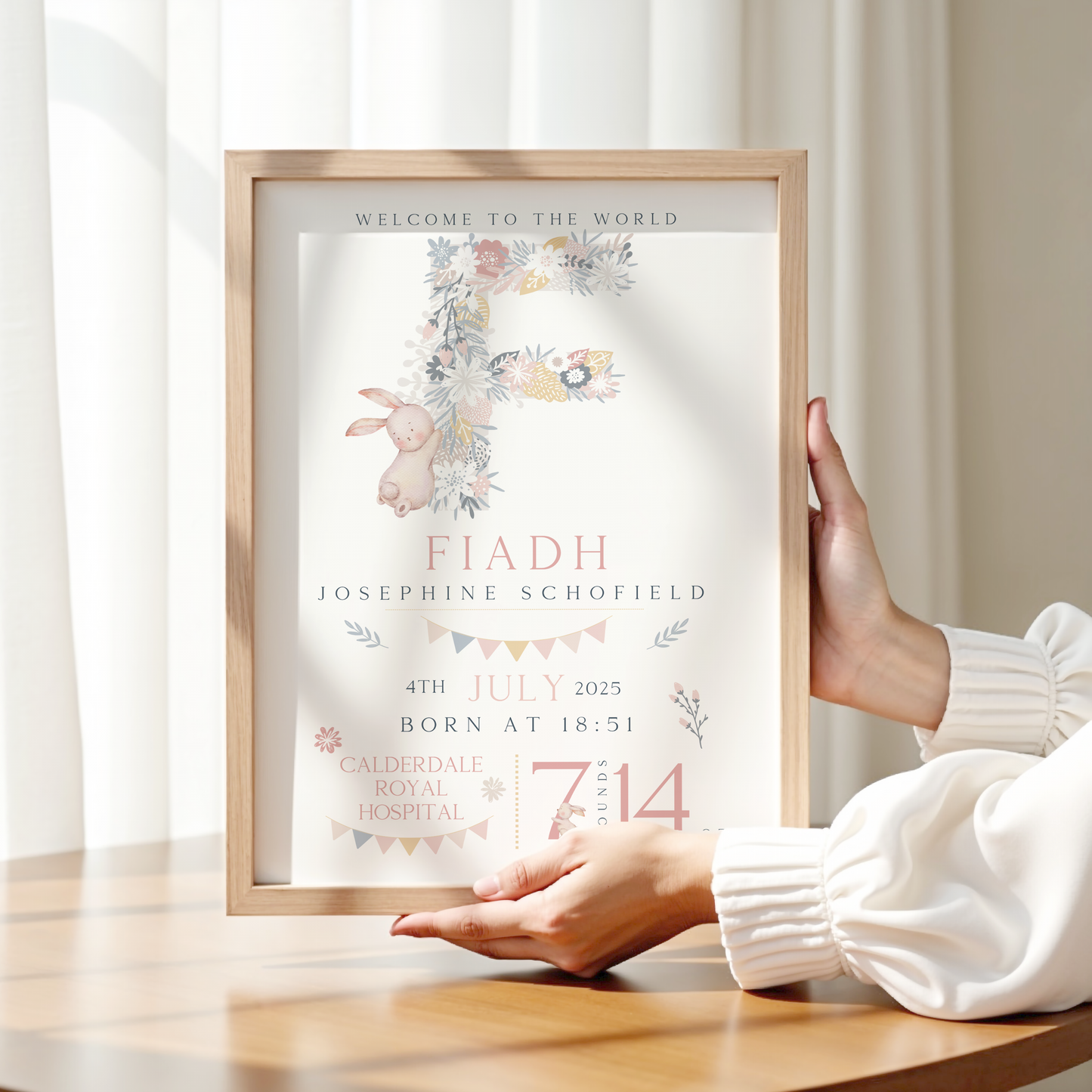 Floral Bunny Birth Poster