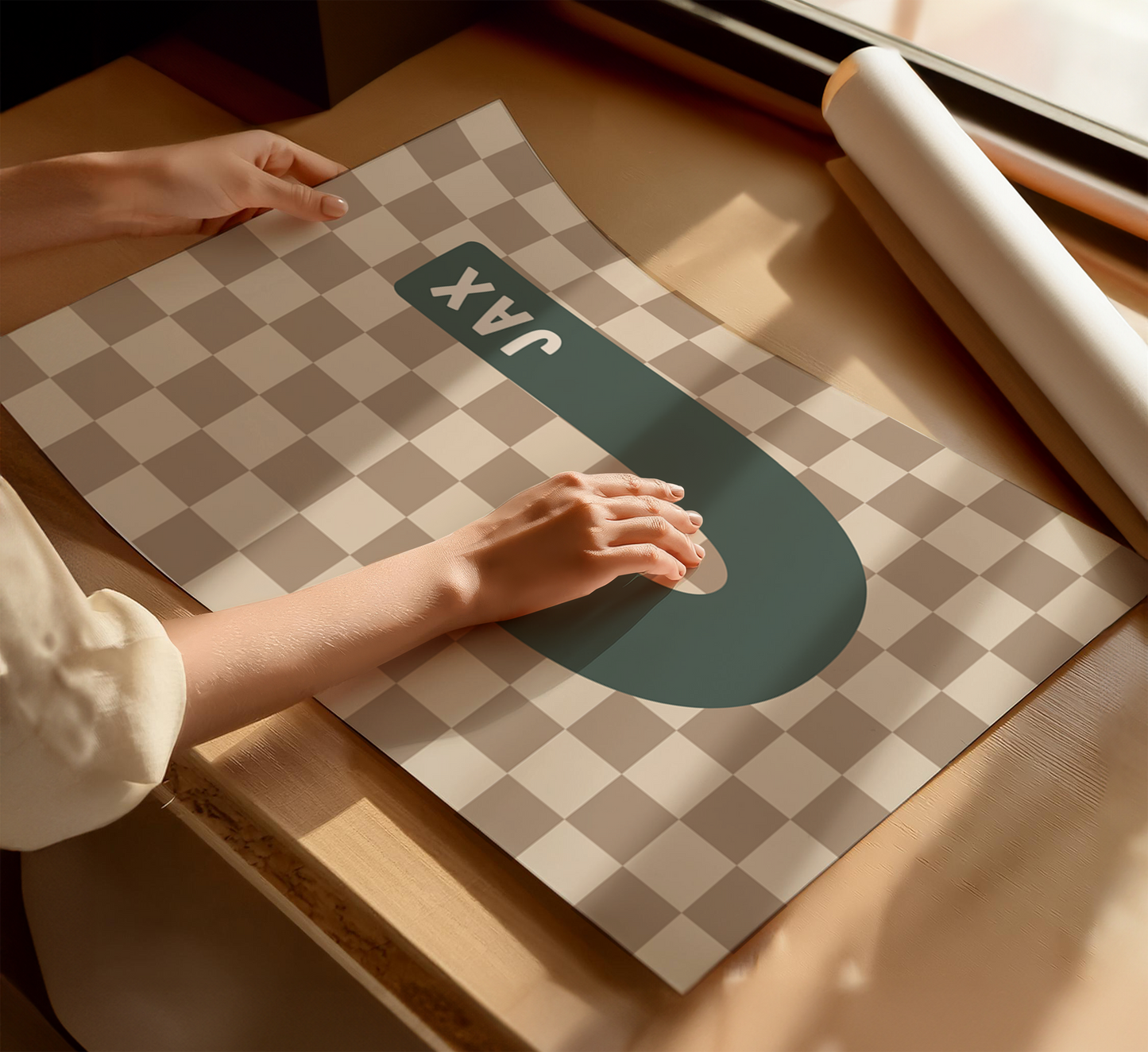 Personalised Checkerboard Initial Print – Green & Beige