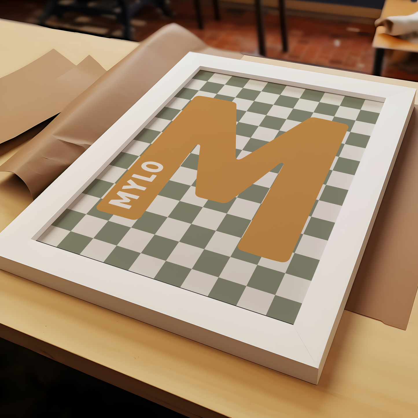 Personalised Checkerboard Initial Print – Mustard & Green (Copy)