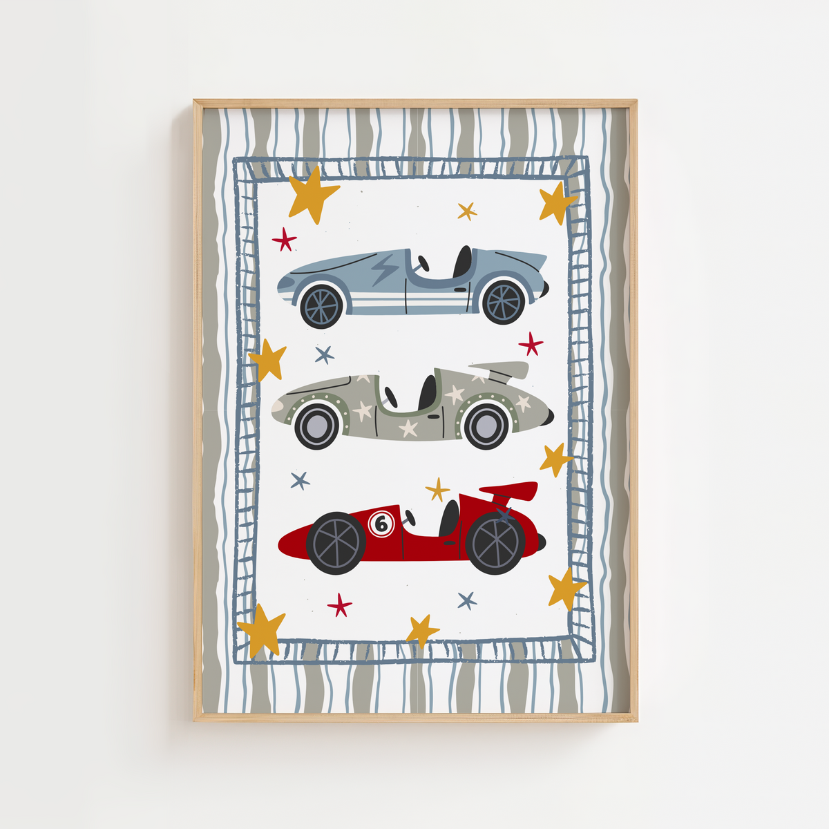 Race Car Trio Print - Sage/Red/Blue