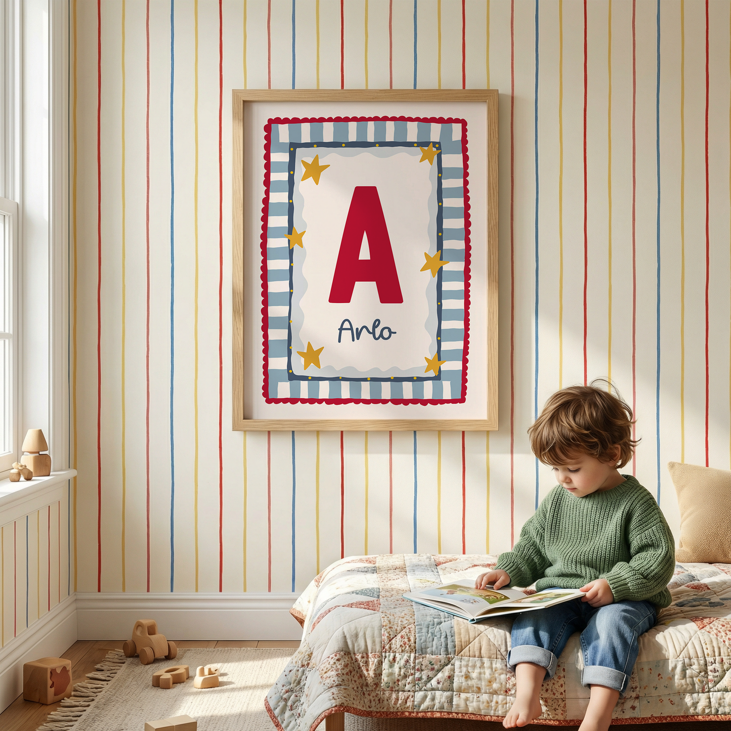 Fun Border Frame Initial Print - Red & Blue
