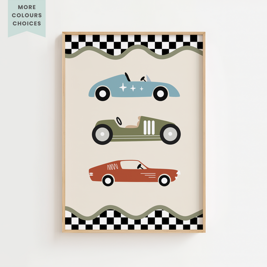 3 Stacked Cars Retro Racer Print
