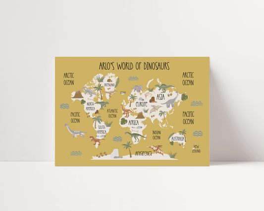Dinosaur World Map Print - Yellow - Personalisable