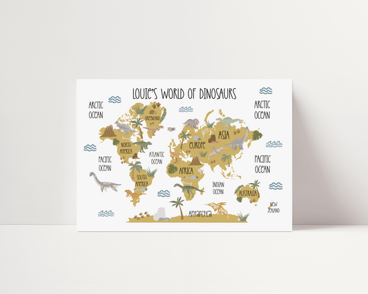 Dinosaur World Map Print - Yellow - Personalisable