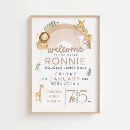 Beige Animal Rainbow Birth Poster