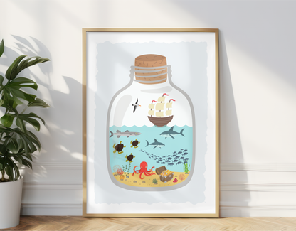 Pirate Bottle Ocean Scene Print
