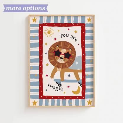 Skateboarding Lion Print - Red/Blue