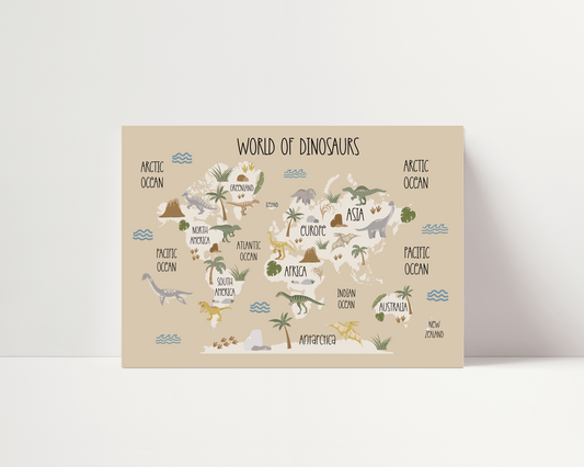 Dinosaur World Map Print - Beige - Personalisable