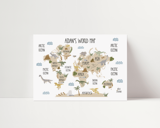 Dinosaur World Map Print - Beige - Personalisable