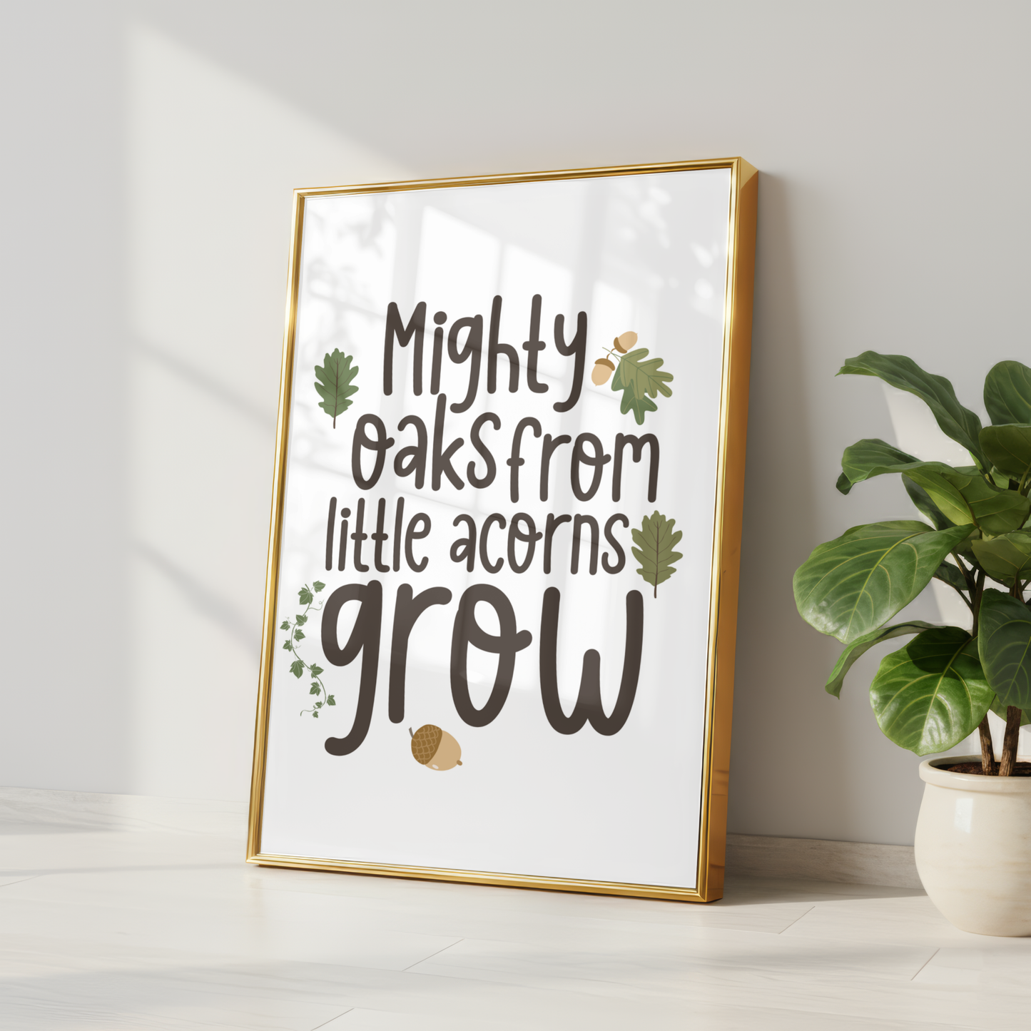Mighty Oaks From Little Acorns Grow Woodland Print - White