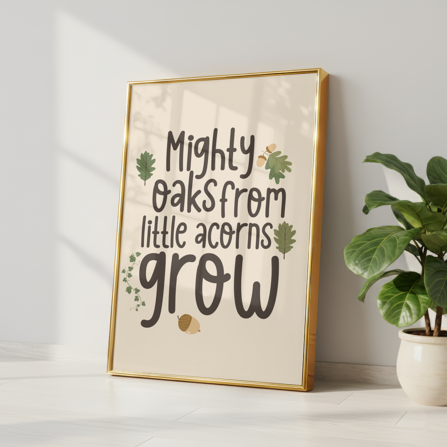 Mighty Oaks From Little Acorns Grow Woodland Print - Beige
