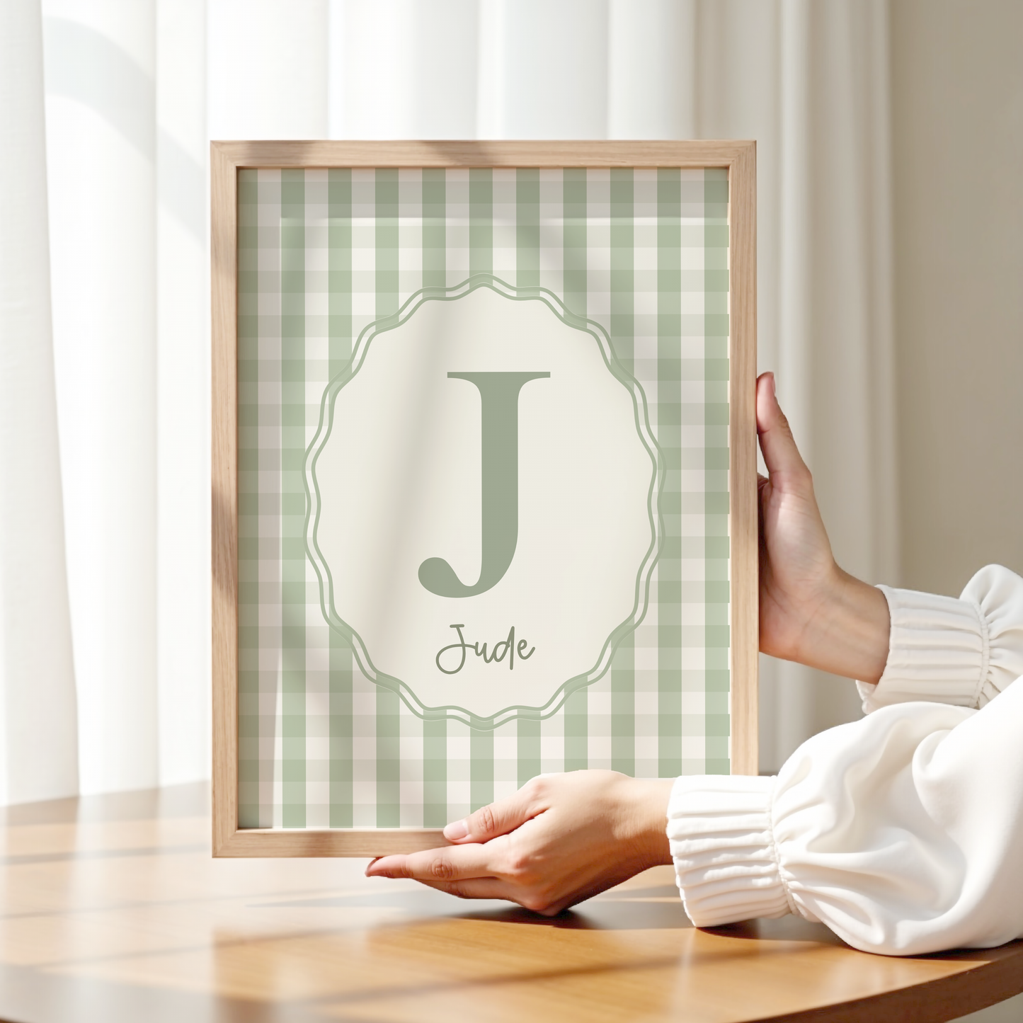 Personalised Gingham Initial Print – Sage Green