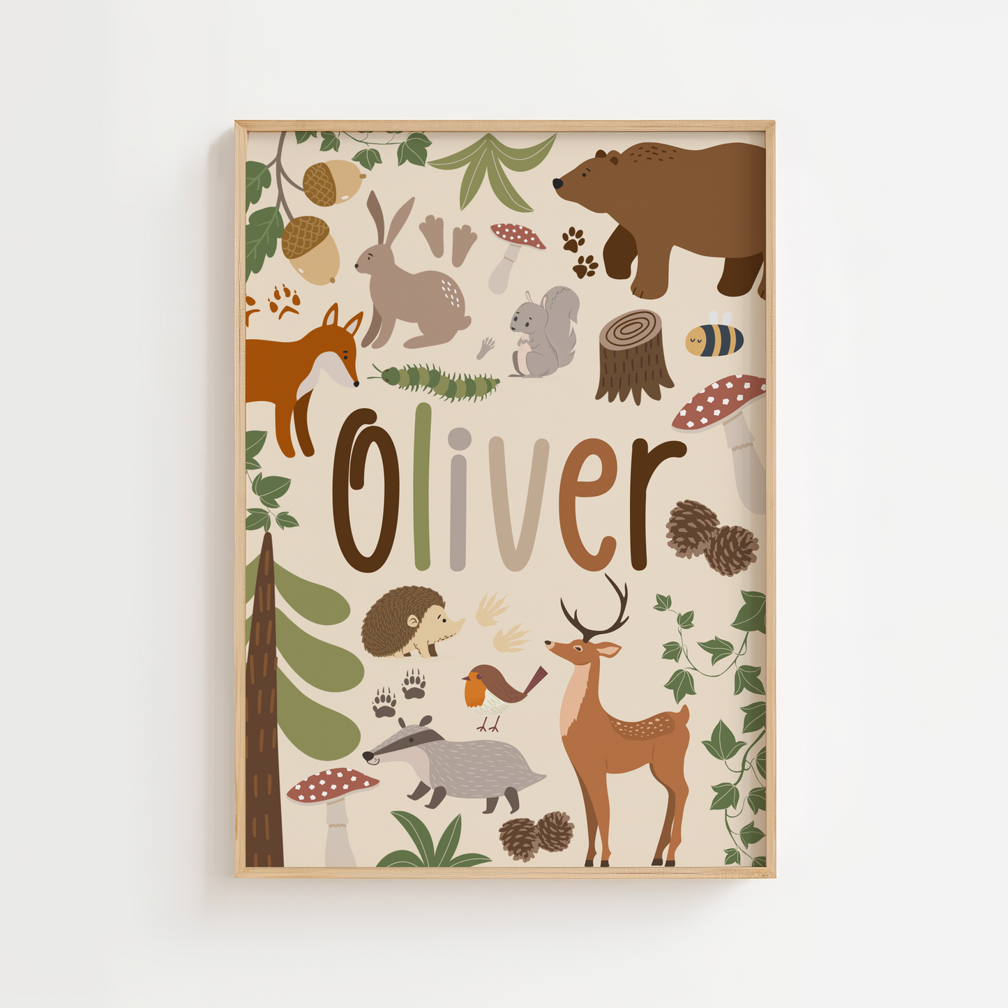 Personalised Woodland Name Print - Beige
