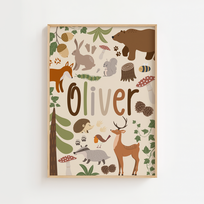 Personalised Woodland Name Print - Beige