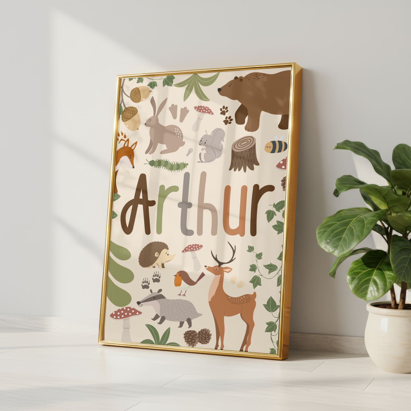 Personalised Woodland Name Print - Beige