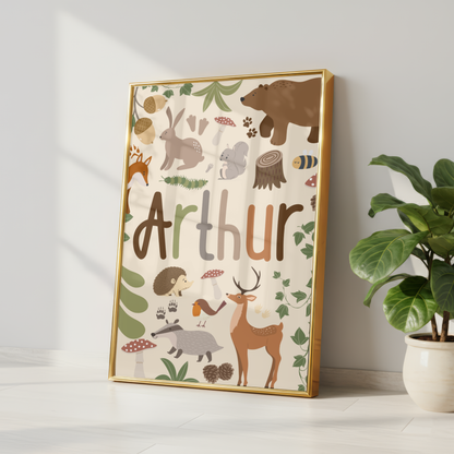 Personalised Woodland Name Print - Beige