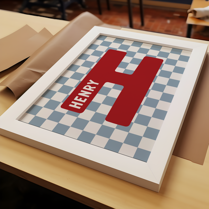 Personalised Checkerboard Initial Print – Lighter Blue, Red & Beige
