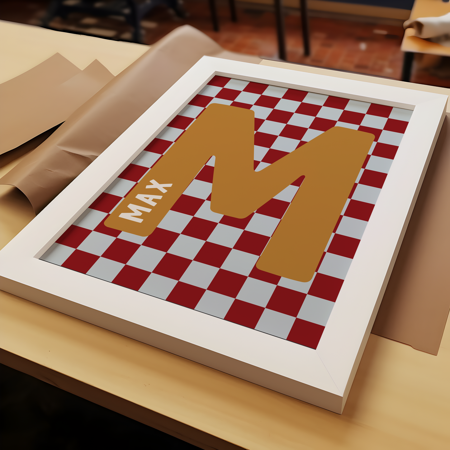 Personalised Checkerboard Initial Print – Red, Mustard & Blue