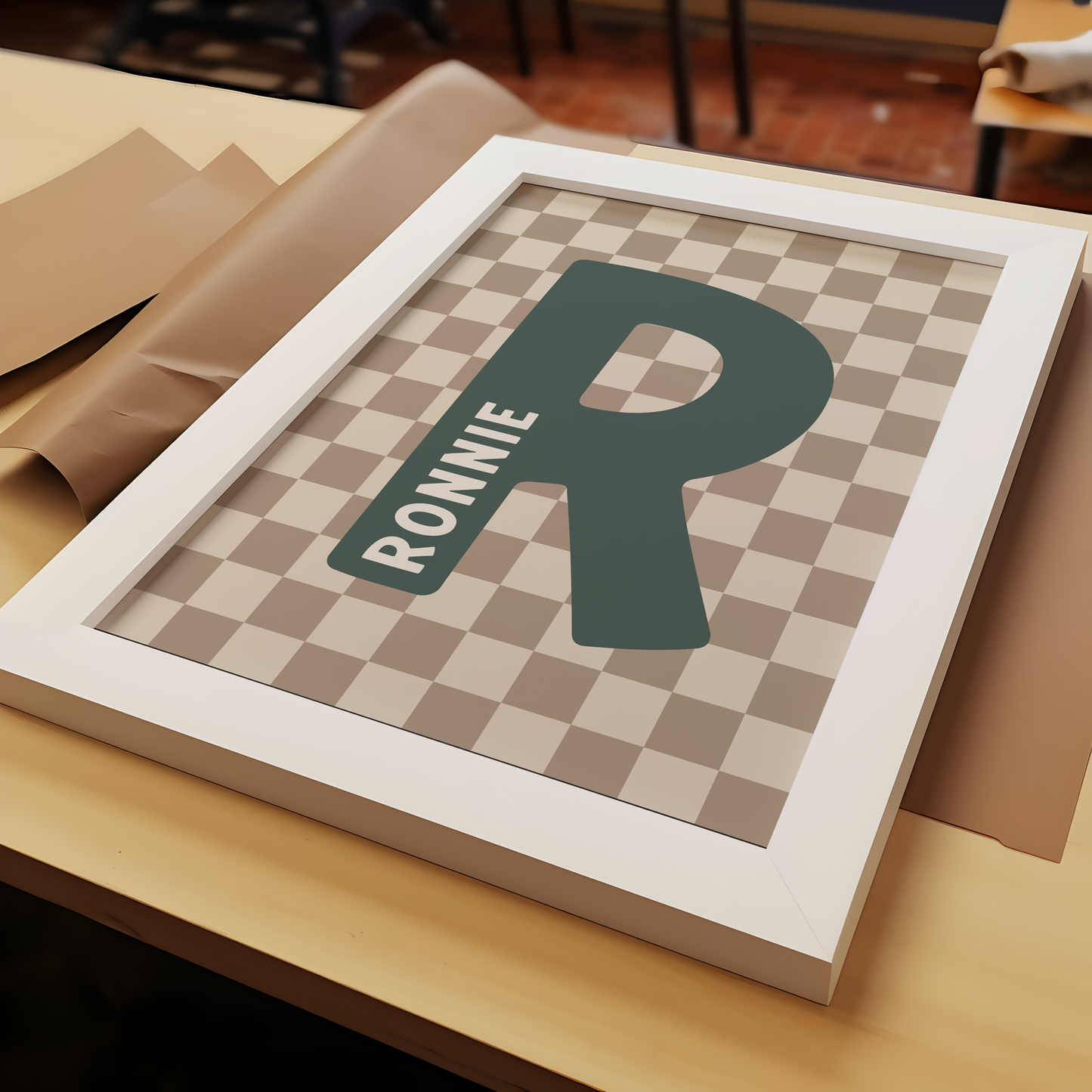 Personalised Checkerboard Initial Print – Green & Beige