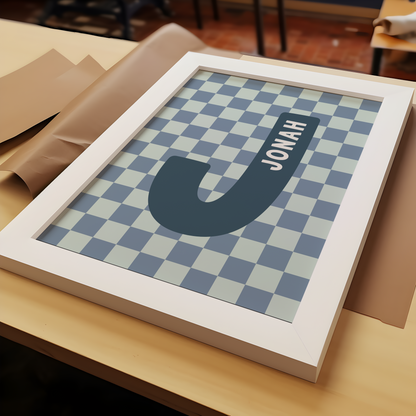 Personalised Checkerboard Initial Print – Blue & Mint