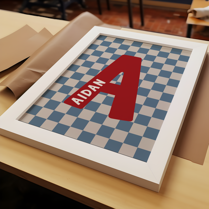 Personalised Checkerboard Initial Print – Blue, Red & Beige