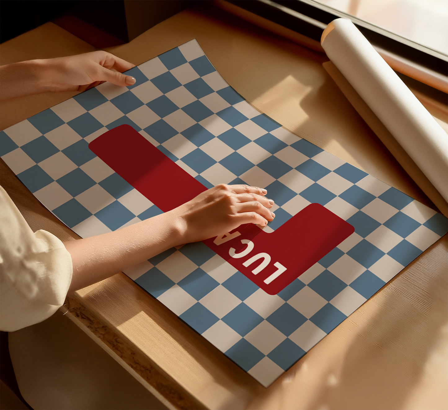 Personalised Checkerboard Initial Print – Blue, Red & Beige