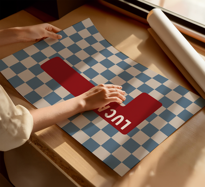 Personalised Checkerboard Initial Print – Blue, Red & Beige