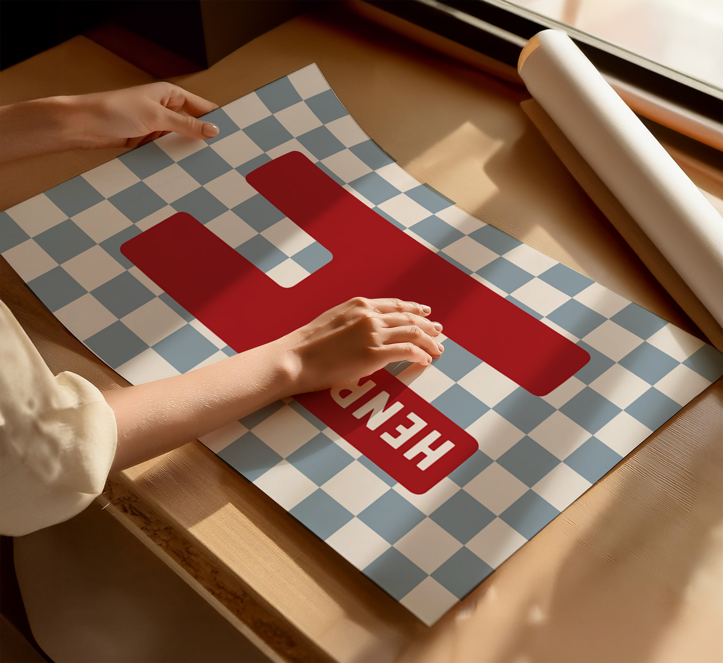 Personalised Checkerboard Initial Print – Lighter Blue, Red & Beige