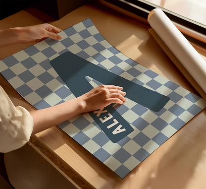 Personalised Checkerboard Initial Print – Blue & Mint