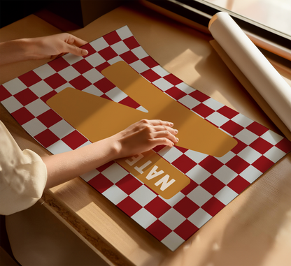 Personalised Checkerboard Initial Print – Red, Mustard & Blue