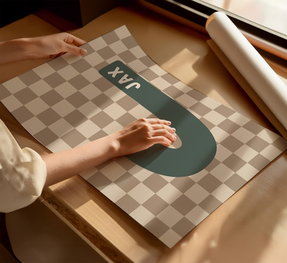 Personalised Checkerboard Initial Print – Green & Beige