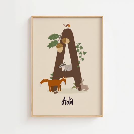 Personalised Woodland Name Print - Beige