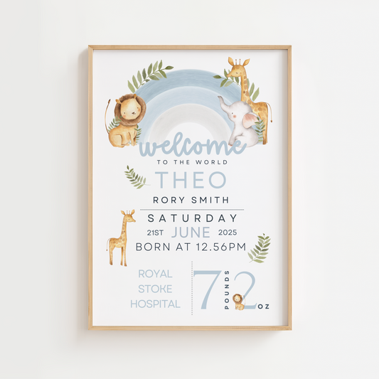 Blue Animal Rainbow Birth Poster