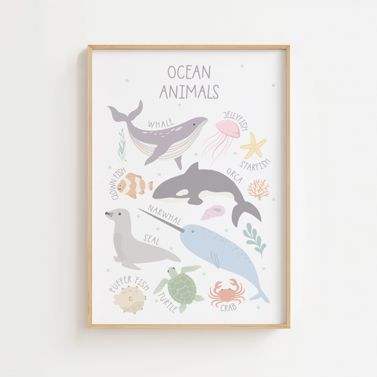 Ocean Animals Educational Print - Pastel