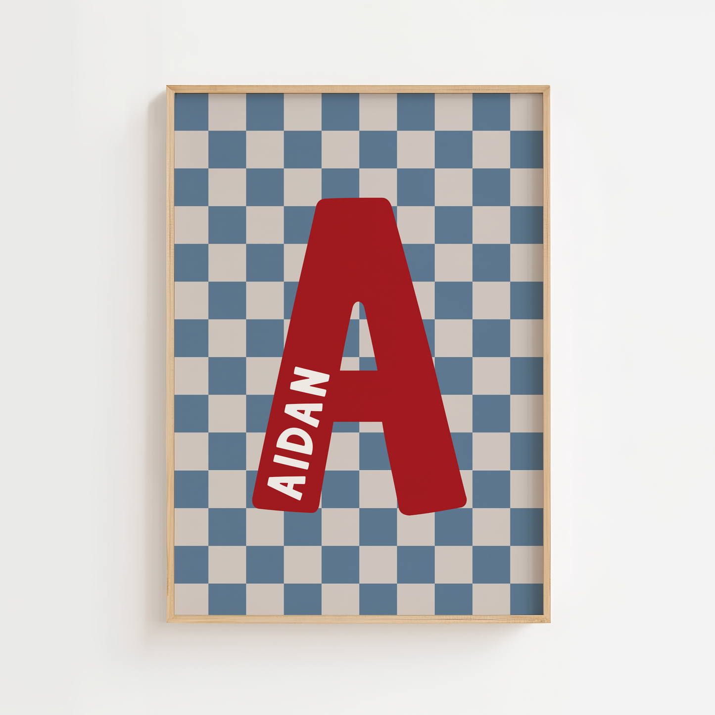Personalised Checkerboard Initial Print – Blue, Red & Beige