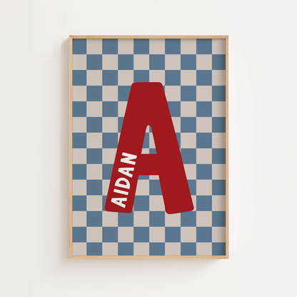 Personalised Checkerboard Initial Print – Blue, Red & Beige