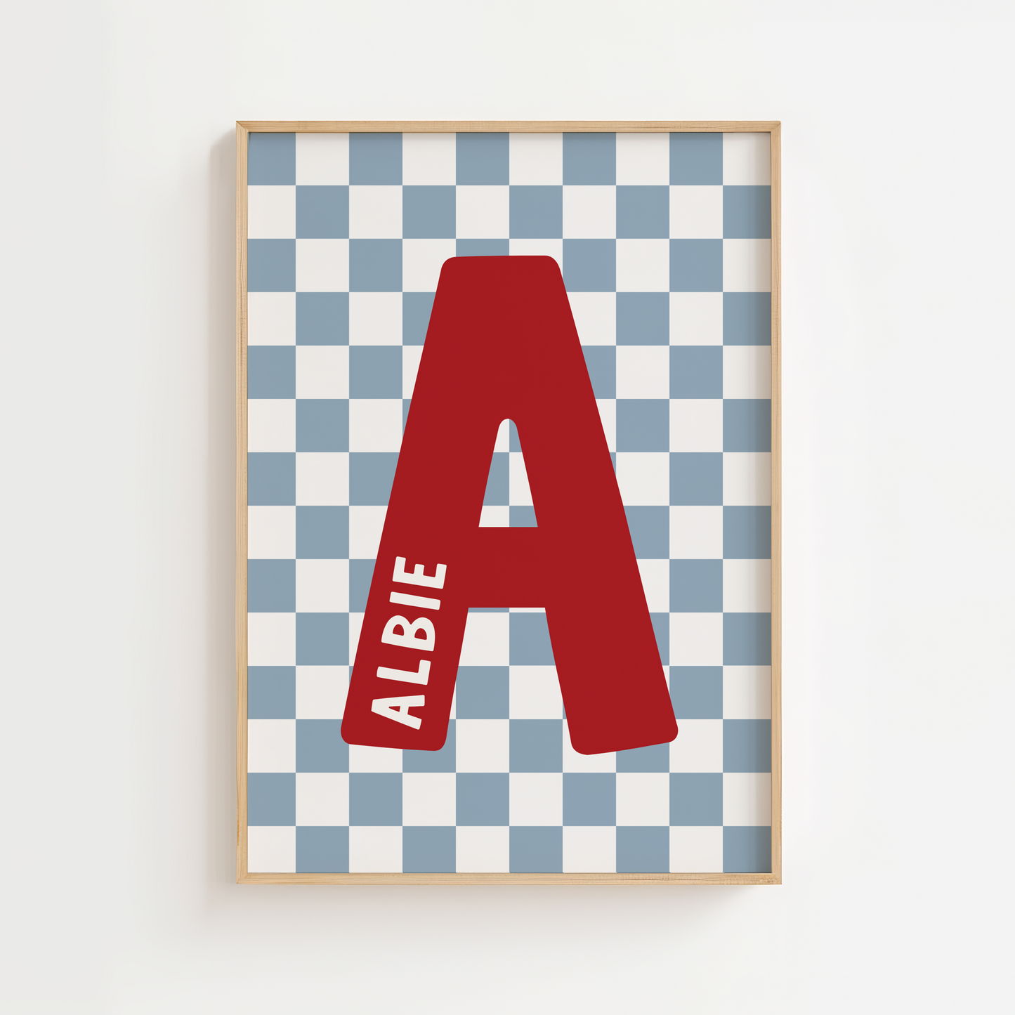 Personalised Checkerboard Initial Print – Lighter Blue, Red & Beige