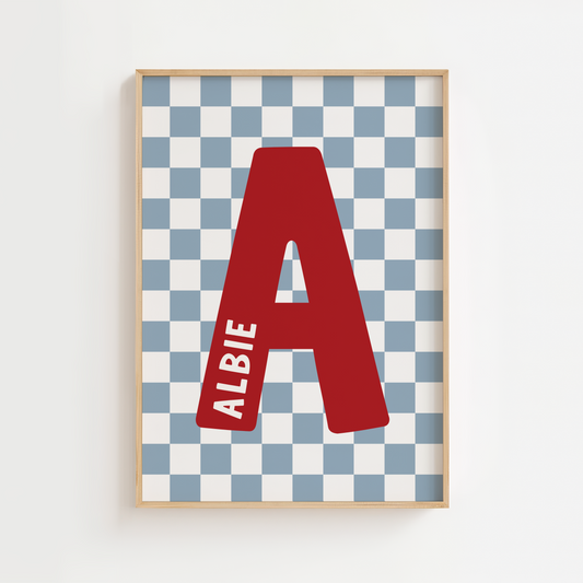 Personalised Checkerboard Initial Print – Lighter Blue, Red & Beige