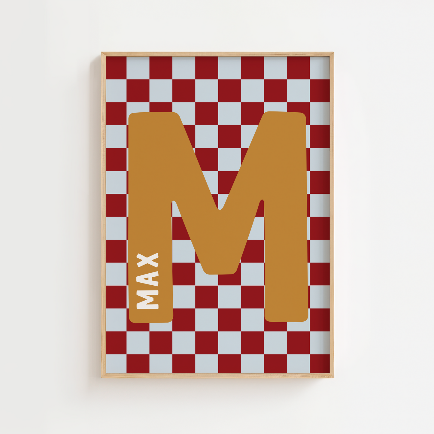 Personalised Checkerboard Initial Print – Red, Mustard & Blue