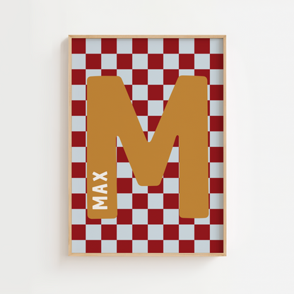 Personalised Checkerboard Initial Print – Red, Mustard & Blue