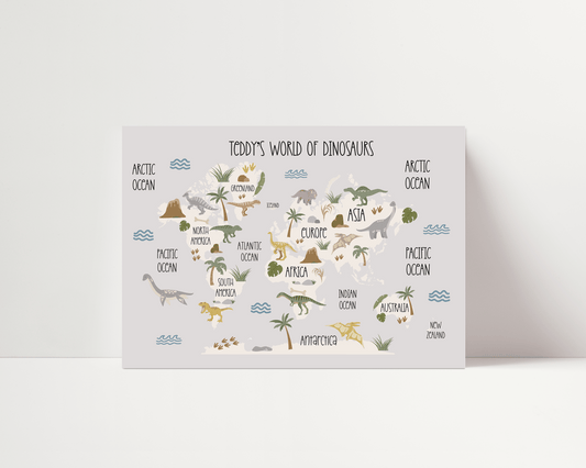 Dinosaur World Map Print - Grey - Personalisable