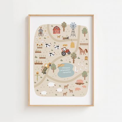 Farm Yard Map Print (Beige)