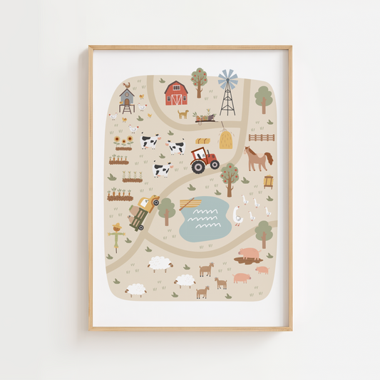 Farm Yard Map Print (Beige)