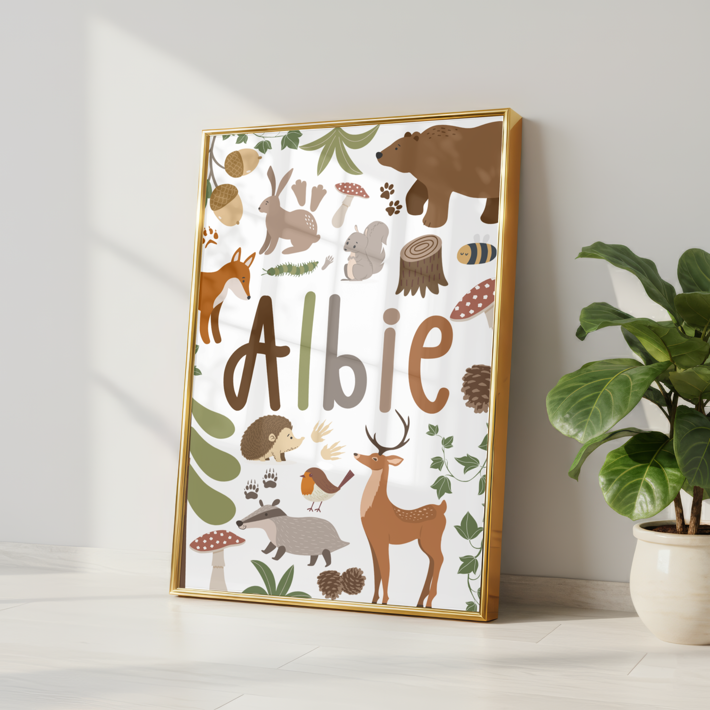 Personalised Woodland Name Print - White
