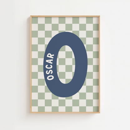 Personalised Checkerboard Initial Print – Sage & Blue