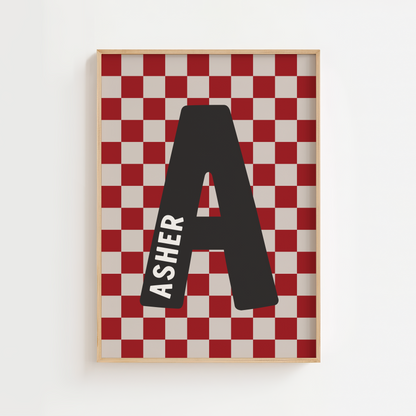 Personalised Checkerboard Initial Print – Red & Black