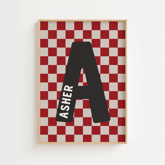 Personalised Checkerboard Initial Print – Red & Black