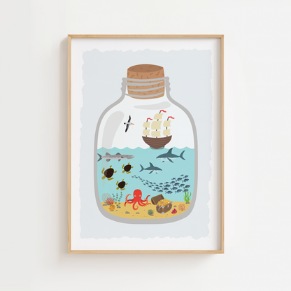 Pirate Bottle Ocean Scene Print